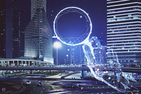 Double exposure of start up theme drawings over cityscape background. Concept of success.