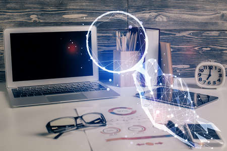 Desktop computer background in office and start up theme hologram drawing. Double exposure. Startup...