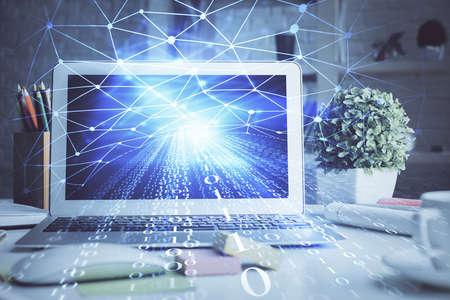 Double exposure of desktop with personal computer on background and tech theme drawing. Concept of Bigdata.の写真素材