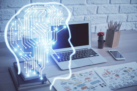 Multi exposure of work space with computer and human brain hologram. Brainstorm concept.の写真素材