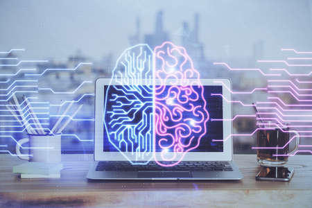 Multi exposure of work space with computer and human brain hologram. Brainstorm concept.の写真素材