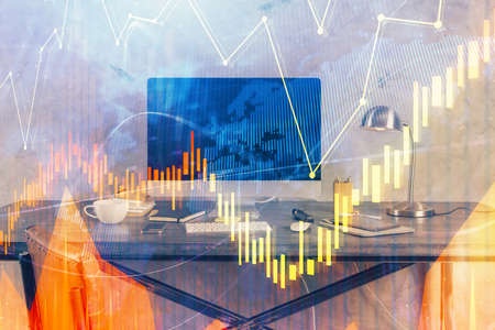 Multi exposure of forex graph and work space with computer. Concept of international online trading.