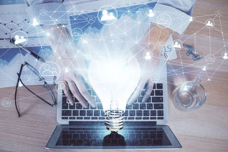 Growing arrows with businessman working on computer on background. Success concept. Double exposure.