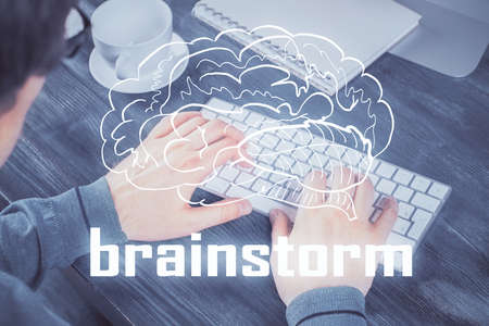 Start up drawings with businessman working on computer on background. Teamwork concept. Double...