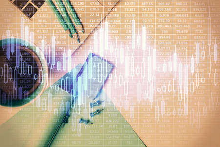 Double exposure of forex graph drawing over desktop background with computer. Concept of financial...