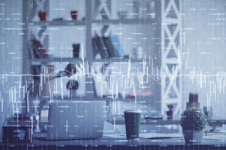 Double exposure of stock market graph drawing and office interior background. Concept of financial...