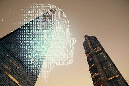 Brain hologram drawing on city scape background Double exposure. Brainstorming concept.