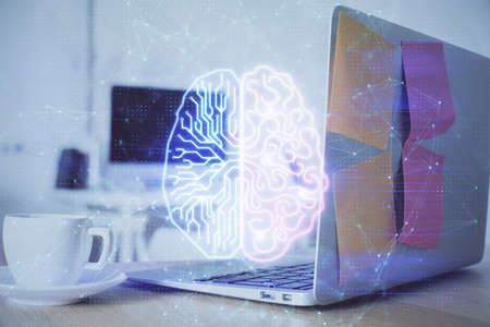 Double exposure of work space with computer and human brain drawing hologram. Brainstorm concept.