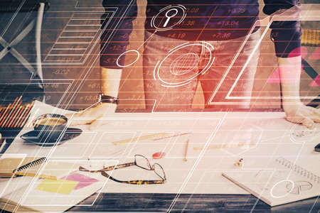Man's hands with data theme multi exposure drawings. Network and data concept.の写真素材