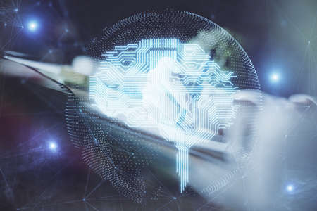 Multi exposure of writing hand on background with brain hologram. Concept of self learning.の写真素材