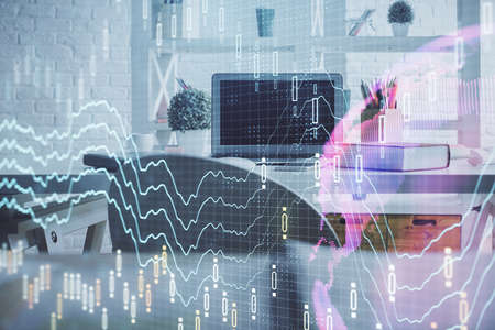 Double exposure of financial graph drawing and office interior background. Concept of stock market.