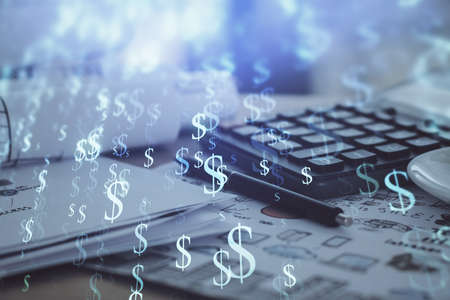 Double exposure of financial chart drawings and desk with open notebook background. Concept of forex marketの写真素材