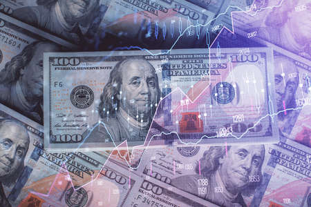 Multi exposure of forex chart drawing over us dollars bill background. Concept of financial success markets.の写真素材