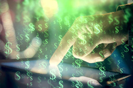 Multi exposure of man's hands holding and using a phone and financial chart drawing. Market analysis concept.の写真素材