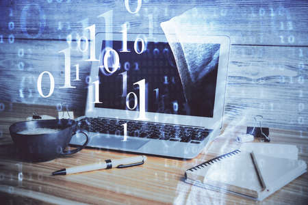 Double exposure of desktop with personal computer on background and tech theme drawing. Concept of...