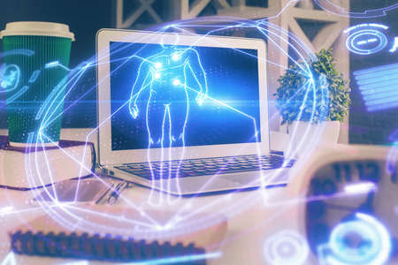 Desktop computer background and education theme drawing. Double exposure. Study concept.の写真素材