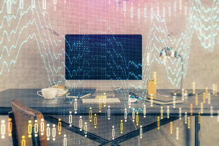 Multi exposure of forex chart and work space with computer. Concept of international online trading.