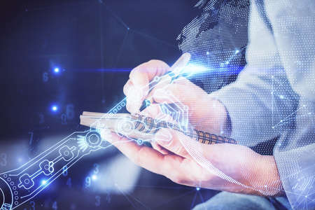Close up of human hands background and abstract innovative technologies for industries. Multi exposure.の写真素材