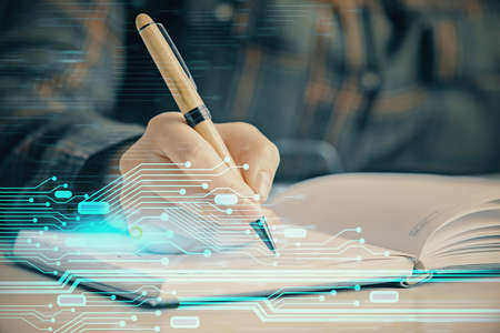 Multi exposure of woman's writing hand on background with data technology hologram. Concept of innovation.の写真素材