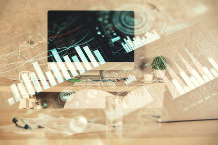 Multi exposure of financial graph drawing and office interior background. Concept of market analysis.の写真素材