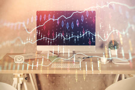 Multi exposure of financial graph drawing and office interior background. Concept of market analysis.の写真素材