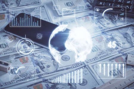 Double exposure of forex graph drawing over us dollars bill background. Concept of financial...