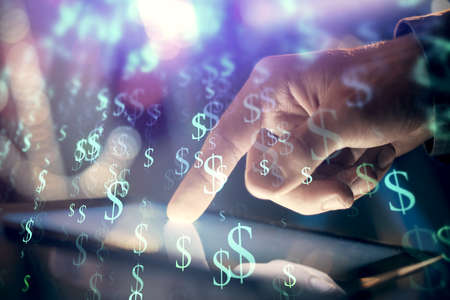 Multi exposure of man's hands holding and using a phone and financial chart drawing. Market analysis...