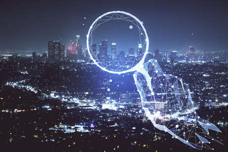 Double exposure of start up theme drawings over cityscape background. Concept of success.の写真素材