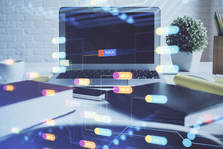Multi exposure of desktop with personal computer and tech theme drawing. Concept of Bigdata.