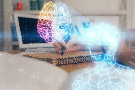 AR hologram over woman's hands taking notes background. Concept of augmented reality. Multi exposure