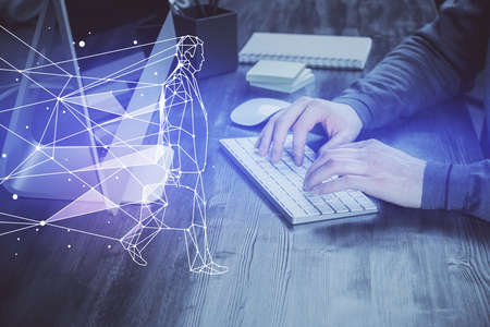 Start up drawings with businessman working on computer on background. Teamwork concept. Double...