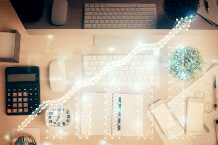 Multi exposure of forex graph drawing over desktop background with computer. Concept of financial analysis. Top view.の写真素材