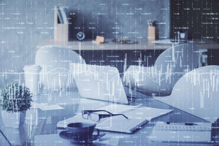 Double exposure of stock market graph drawing and office interior background. Concept of financial...