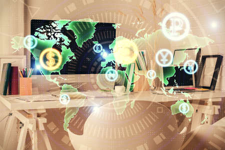 Double exposure of financial graph drawing and office interior background. Concept of stock market.