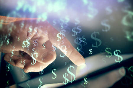 Multi exposure of man's hands holding and using a phone and financial chart drawing. Market analysis concept.の写真素材