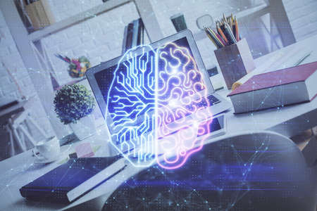 Double exposure of work space with computer and human brain drawing hologram. Brainstorm concept.