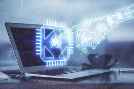Double exposure of desktop computer and technology theme hologram. Concept of software development.