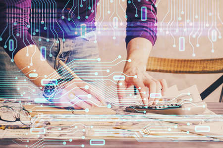 Man's hands with data theme multi exposure drawings. Network and data concept.の写真素材