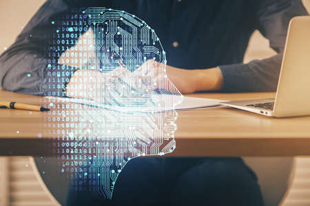 Brain multi exposure icon with man hands background. Concept of learning.