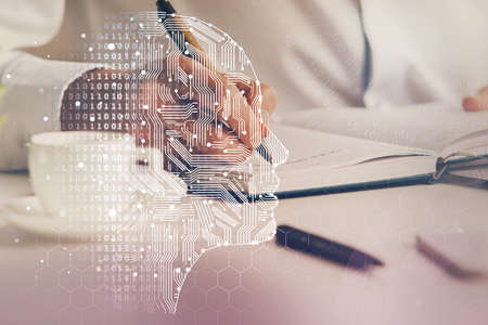 Brain multi exposure icon with man hands background. Concept of learning.