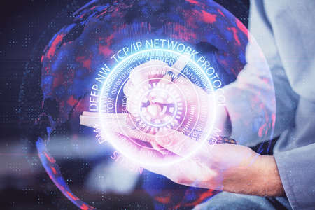 Close up of human hands background and abstract innovative technologies for industries. Multi...