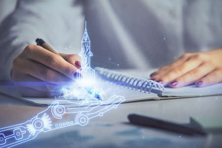 Start up creative drawing over close up hands in notepad background. Concept of brainstorming. Double exposureの写真素材