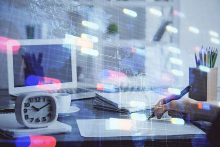 Multi exposure of woman hands on background with technology coding hologram. Data concept.