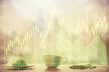Double exposure of forex chart over coffee cup background in office. Concept of financial analysis and success.の写真素材