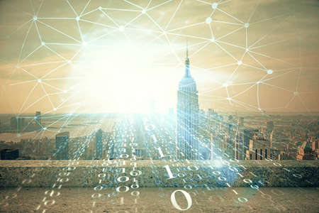 Data theme hologram drawing on city view with skyscrapers background double exposure. Technology concept.の写真素材