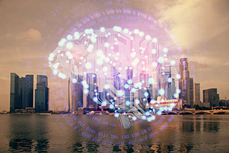 Brain hologram drawing on city scape background Double exposure. Brainstorming concept.