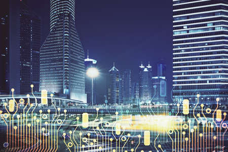 Data theme hologram drawing on city view with skyscrapers background multi exposure. Ai concept.