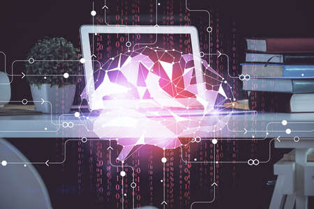 Double exposure of desktop computer and human brain drawing hologram. Ai concept.の写真素材