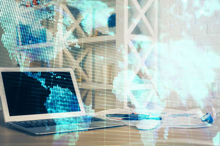 Multi exposure of business theme icons and work space with computer background. Concept of success.