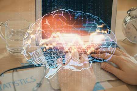 Man typing on keyboard background with brain hologram. Concept of big Data.